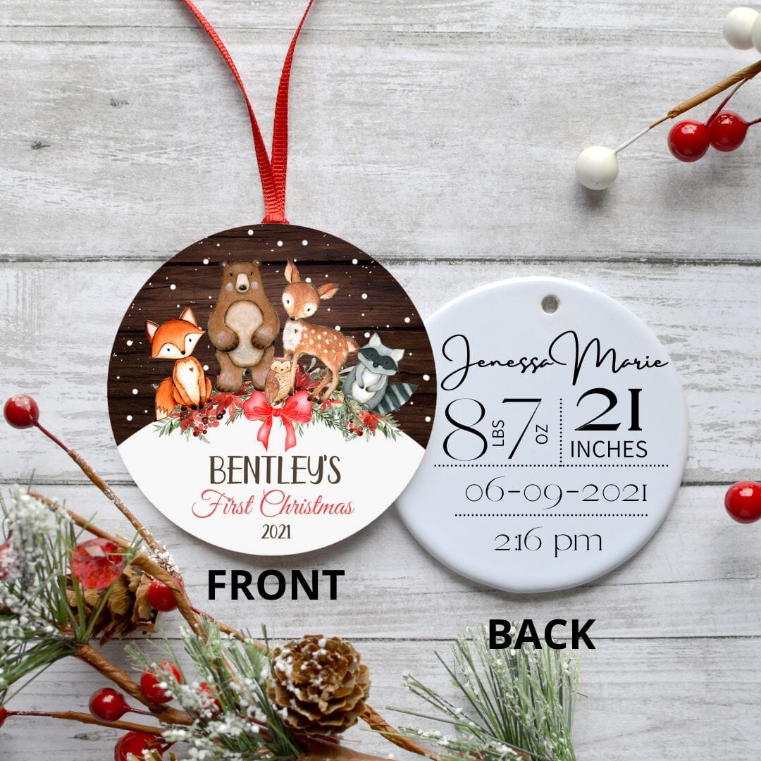 FIRST CHRISTMAS FOREST ANIMALS BROWN BACKGROUND ORNAMENT mws_apo_generated Harlow Boutique Official Online Store