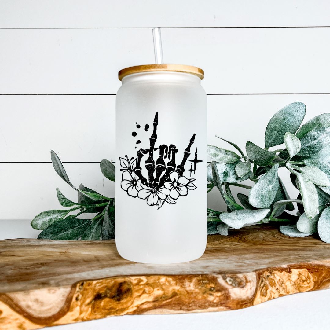 ROCK ON SKELETON HAND FLOWER FROSTED GLASS JAR TUMBLER Harlow Boutique Official Online Store