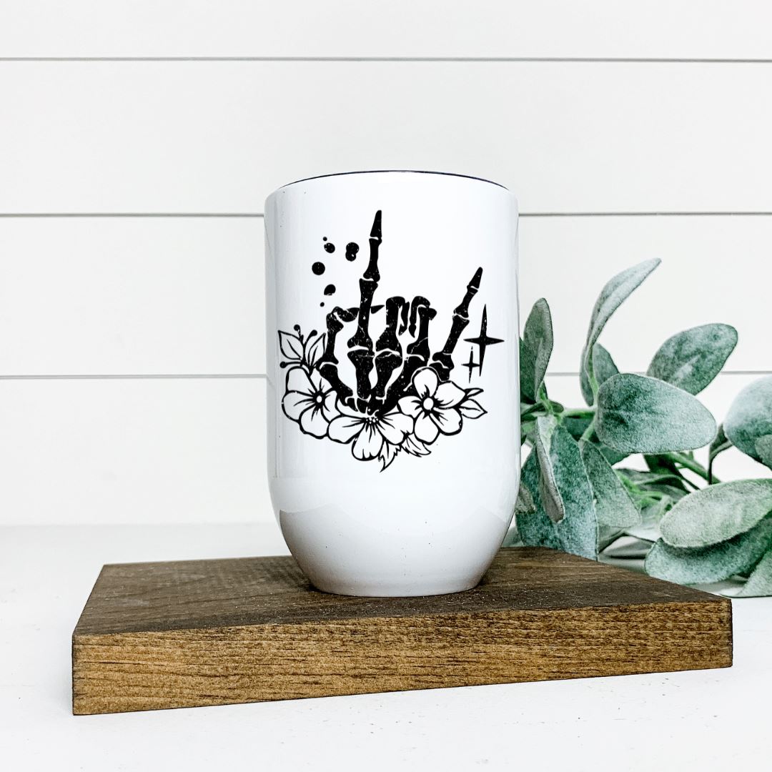ROCK ON SKELETON HAND FLOWER WINE TUMBLER Harlow Boutique Official Online Store