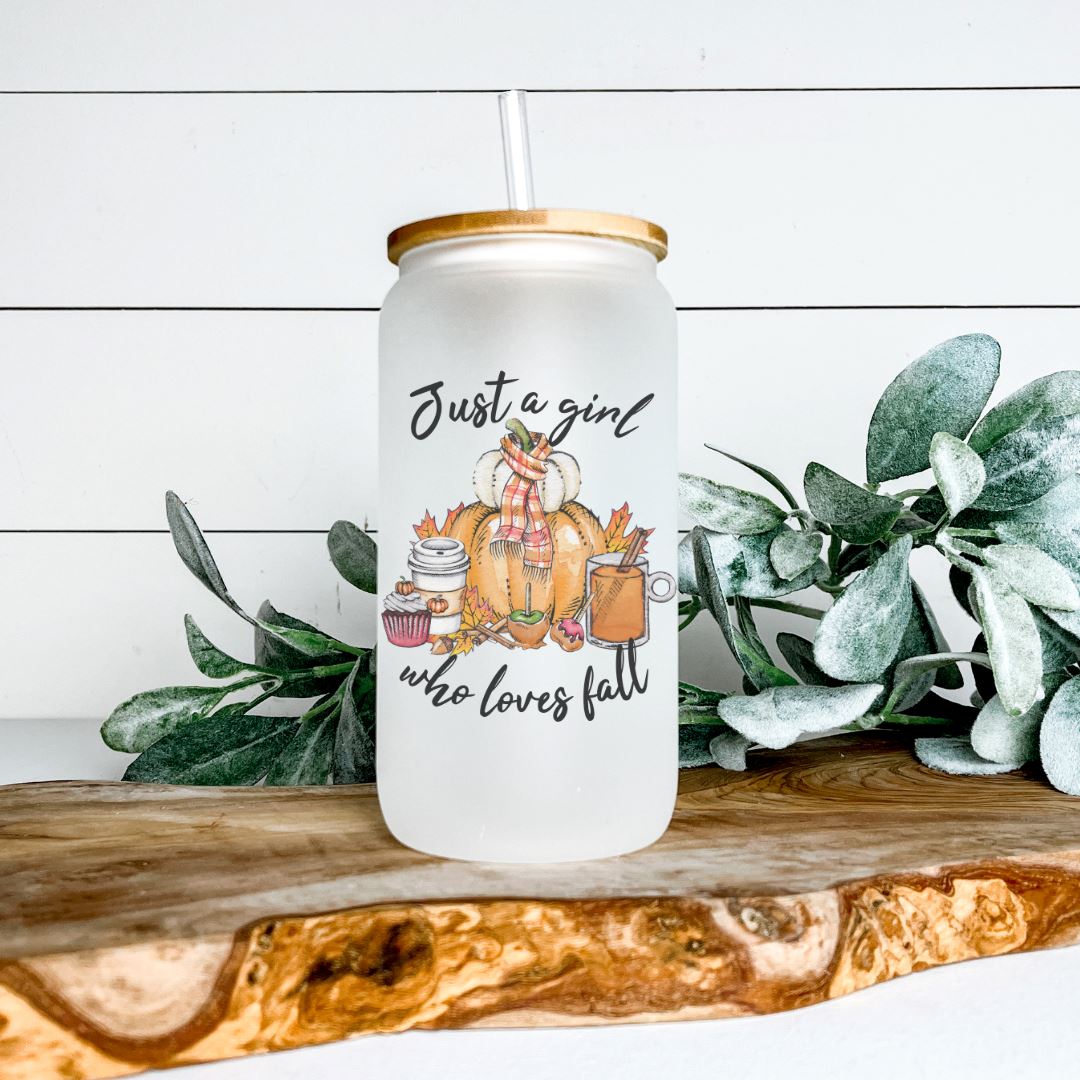 JUST A GIRL WHO LOVES FALL GLASS JAR TUMBLER Harlow Boutique Official Online Store
