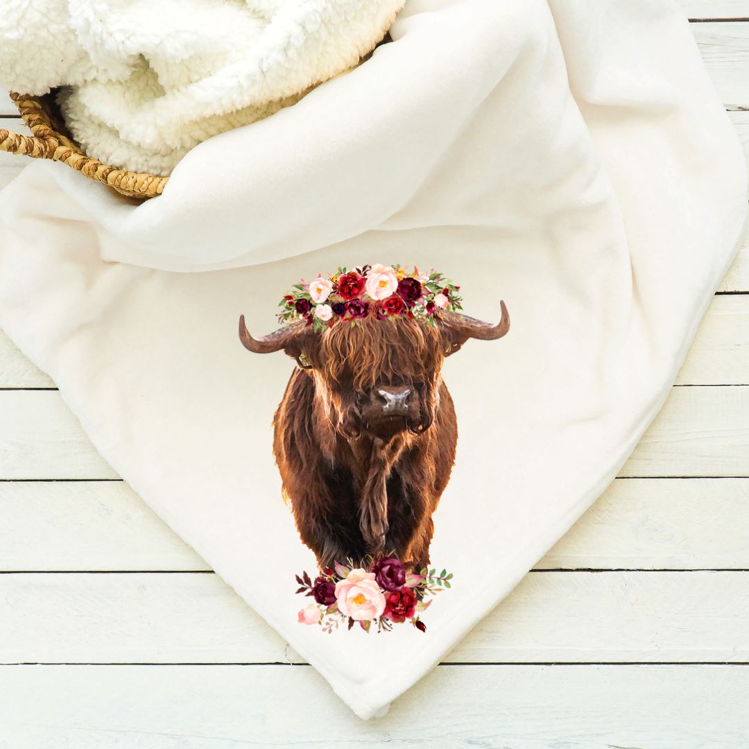 Floral Highland Cow Blanket