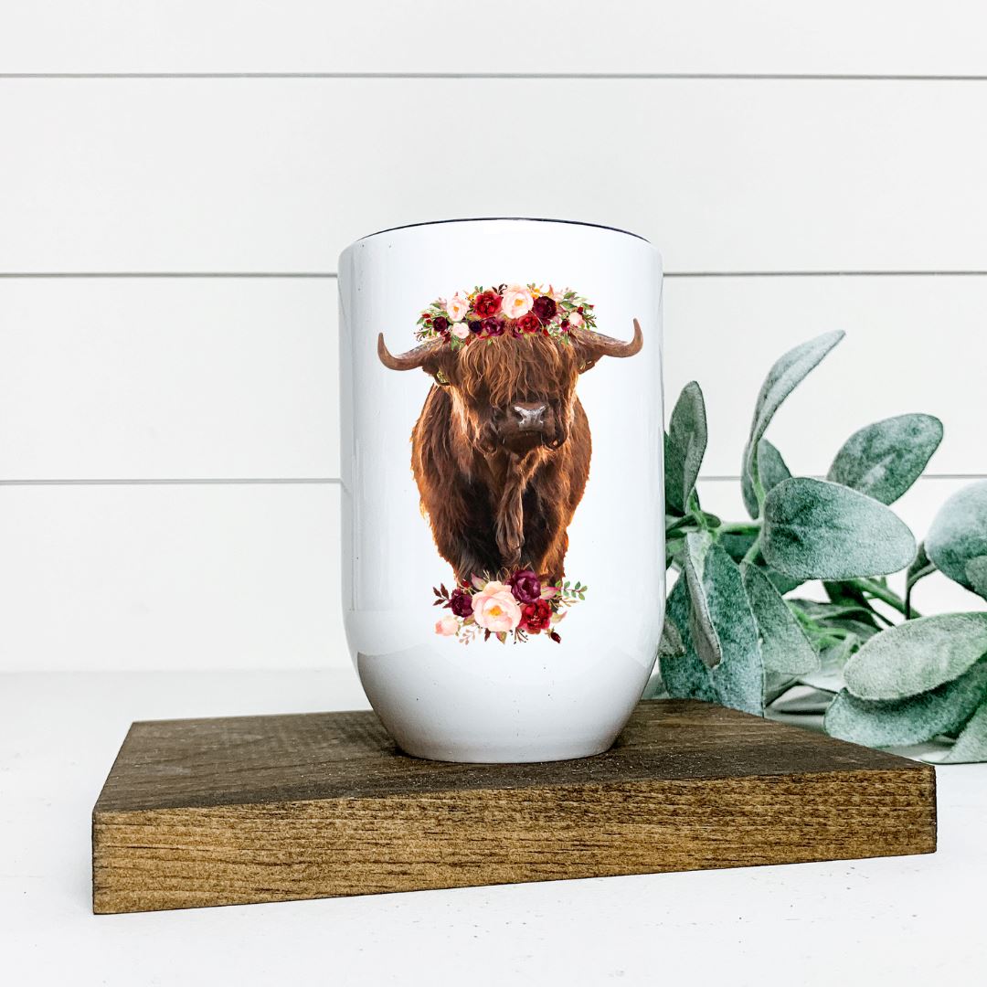 FLORAL HEADBAND HIGHLAND COW WINE TUMBLER Harlow Boutique Official Online Store