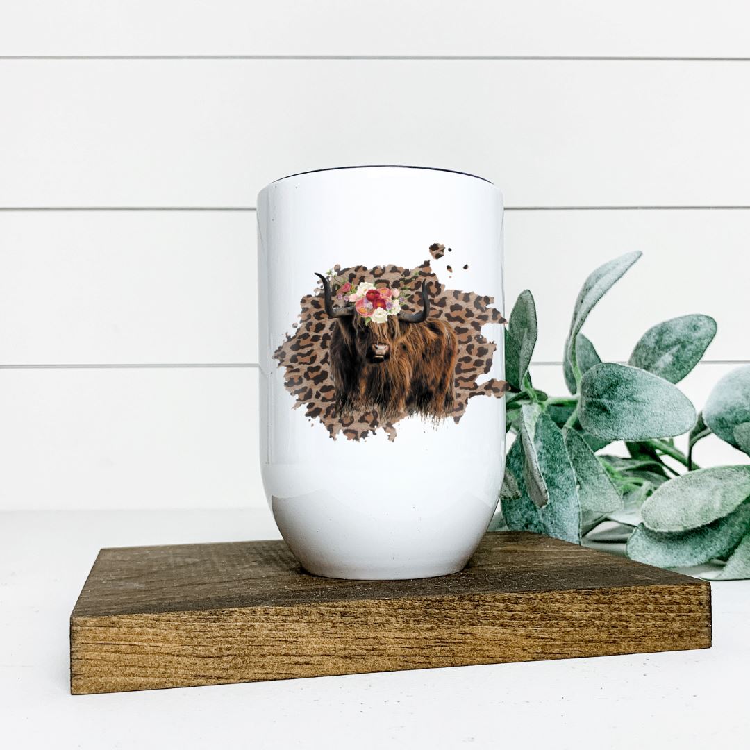 HIGHLAND COW LEOPARD FLORAL WINE TUMBLER Harlow Boutique Official Online Store