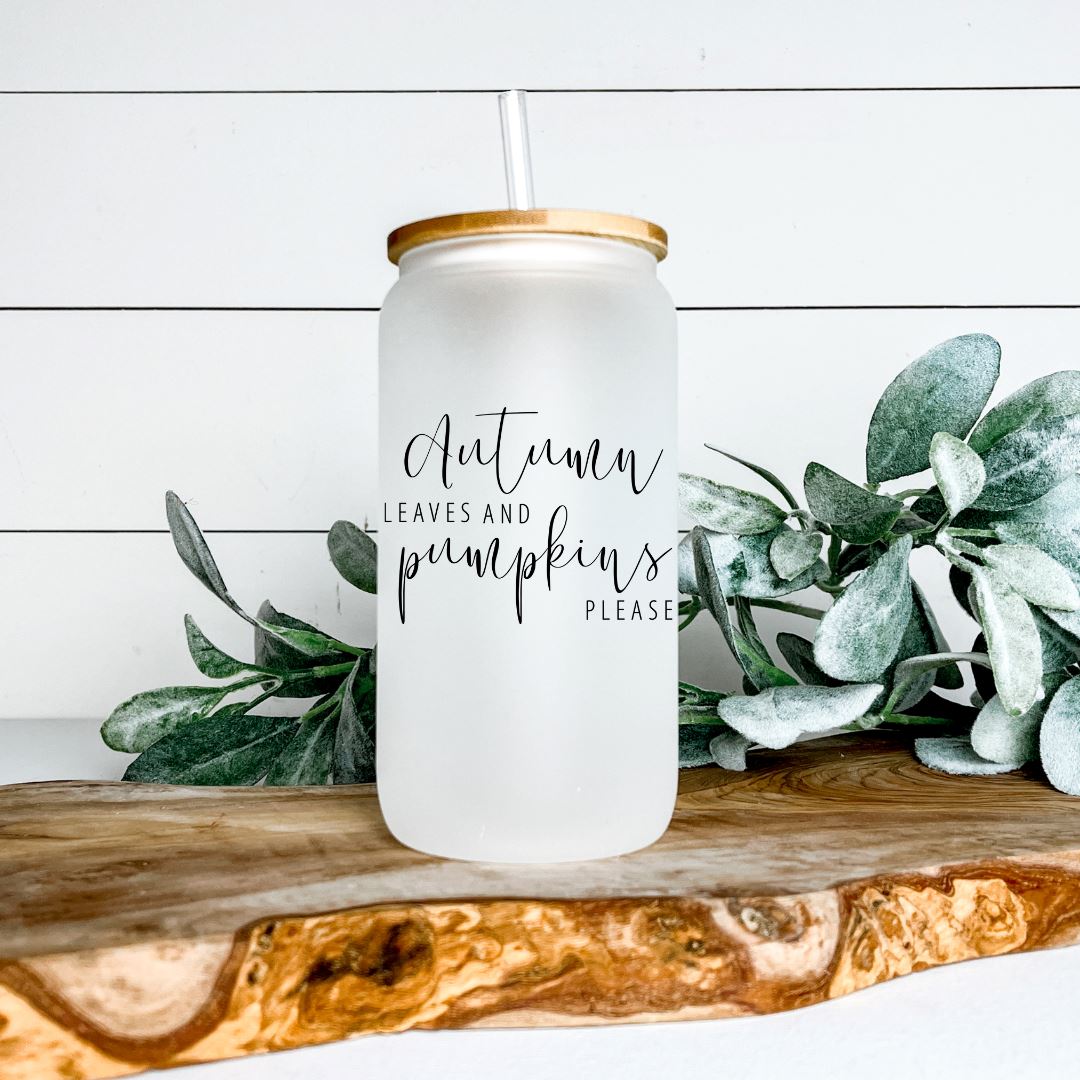 AUTUMN LEAVES AND PUMPKINS PLEASE GLASS JAR TUMBLER Harlow Boutique Official Online Store