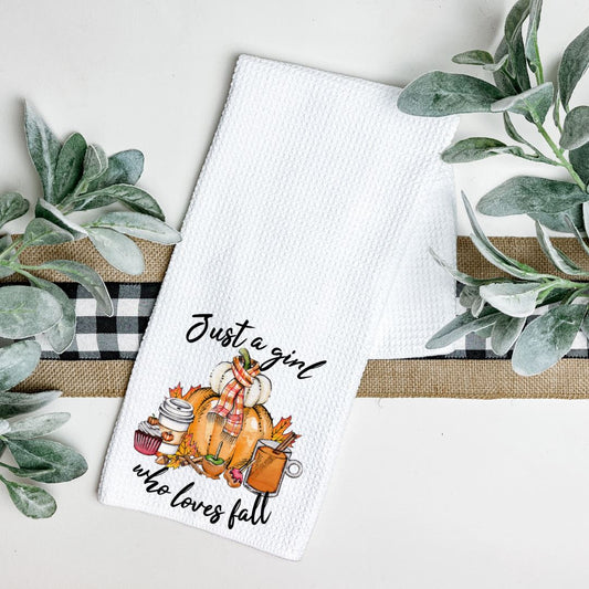 JUST A GIRL WHO LOVES FALL TEA TOWEL Harlow Boutique Official Online Store 