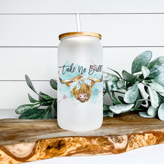 TAKE NO BULL HIGHLAND COW GLASS JAR TUMBLER Harlow Boutique Official Online Store 