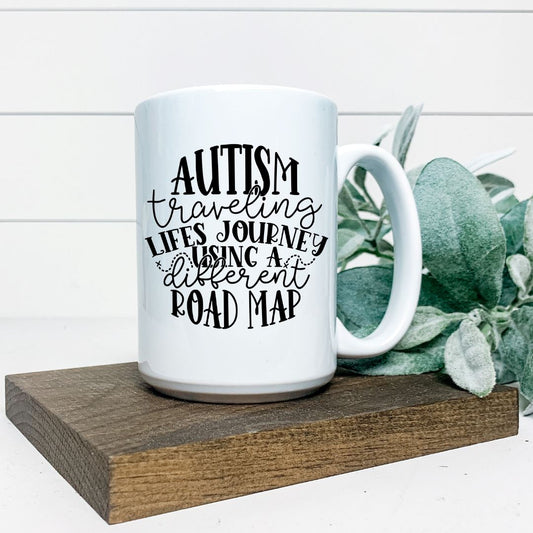 AUTISM TRAVELLING LIFES JOURNEY USING A DIFFERENT ROAD MAP MUG Harlow Boutique Official Online Store 