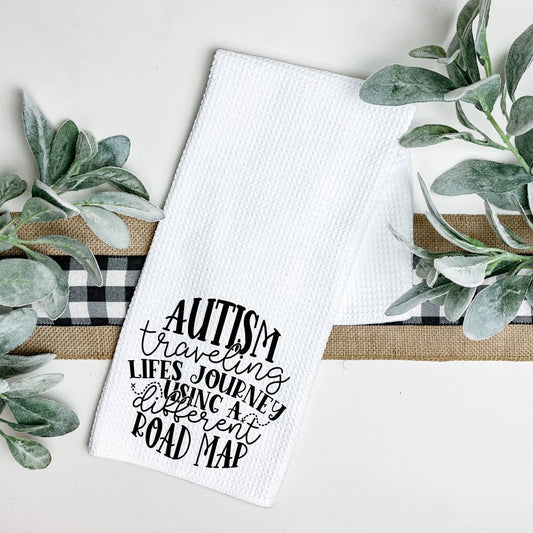 AUTISM TRAVELING LIFES JOURNEY USING A DIFFERENT ROAD MAP TEA TOWEL Harlow Boutique Official Online Store 