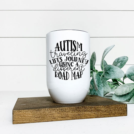 AUTISM TRAVELLING LIFES JOURNEY USING A DIFFERENT ROAD MAP WINE TUMBLER Harlow Boutique Official Online Store 