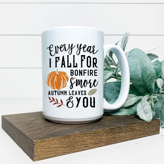 EVERY YEAR I FALL FOR BONFIRE SMORES AUTUMN LEAVES AND YOU MUG Harlow Boutique Official Online Store 