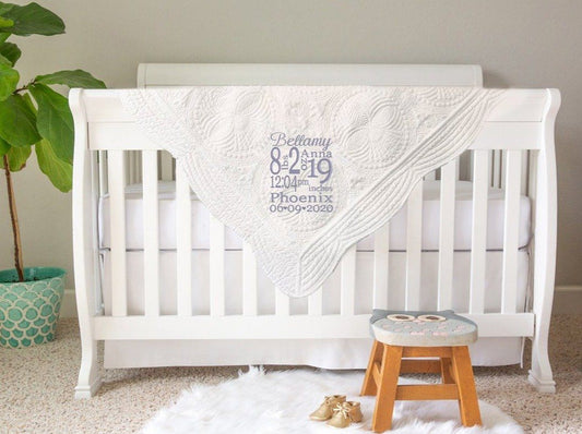 Embroidered Birth Stat Quilt Blanket Harlow Baby Boutique 